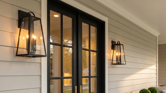 Two large Alden wall lights in Black on a covered porch with gray siding