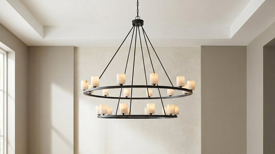 Arlo 22 Light Two-Tier Ring Chandelier 47", Matte Black and Alabaster