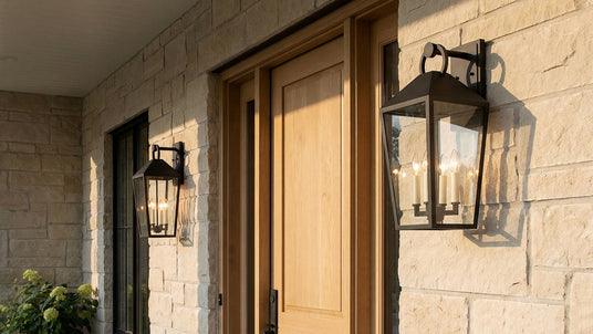 Two Black Cole large outdoor wall lights on a stone house at golden hour.