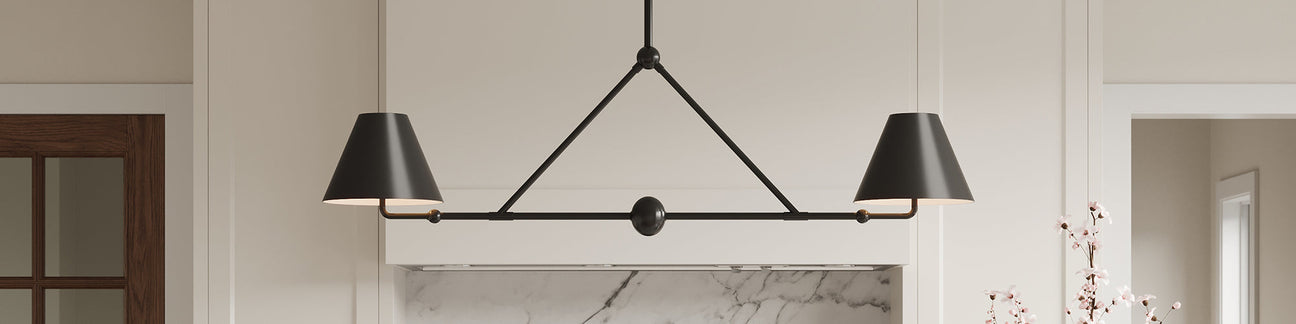 Banks Linear 42" Black Metal Chandelier hung in a bright kitchen.