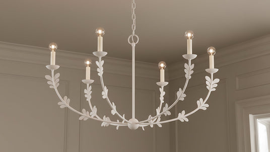 Aviva 6 Light Chandelier 40", Antique White fnish, in a dining room with crown molding and taupe color drenched walls.