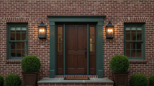 Two Bedford Outdoor Wall Lights on a brick colonial style home with hunter green trim