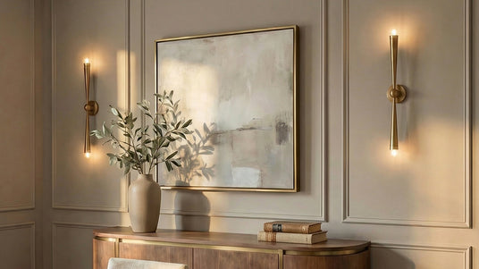 Two Camellia wall sconces to match with the sputnik style chandelier, shown in patina brass in an upscale dining room.