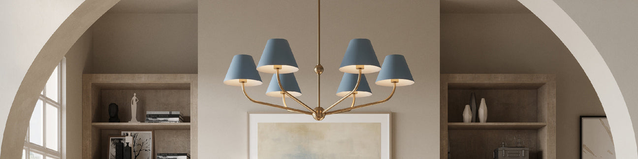 Banks Chandelier in French Blue hung in a contemporary living room.