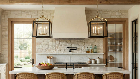 Two Fillmore Large Lantern Pendants in Black and Brass are hung in a modern rustic kitchen above a white stone kitchen island with a stone wall behind and oak wood beams.