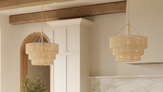Natural Jute & Rattan Lighting - Two 24" Jute Chandeliers are hung in a large kitchen.
