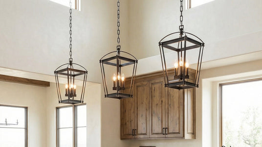 Pierce lantern pendants hanging in a rustic kitchen