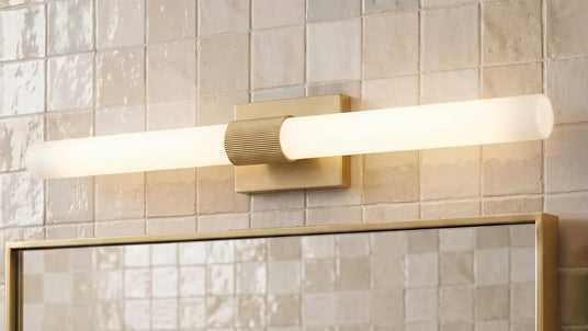 Ramsey 36" wide LED Vanity Light 36", in Satin Brass finish, shown against a handmade ceramic tile backsplash.