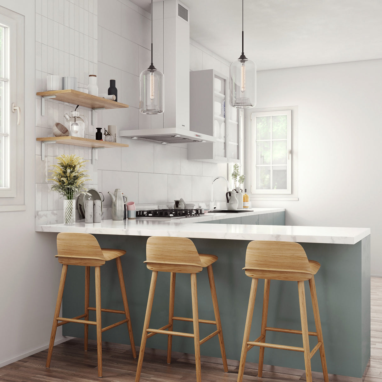 Windsor Pendant Light, Handblown 12" Tall Glass Shade with Vintage Style Back Cord, two hanging above modern kitchen peninsula