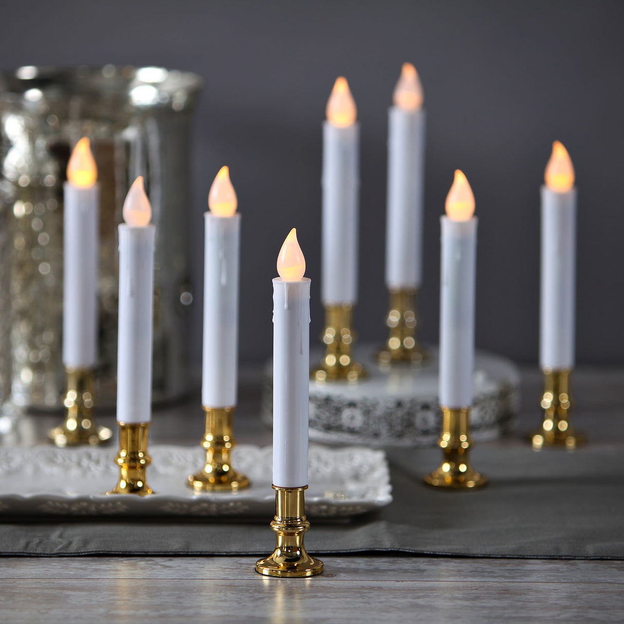 White 7" Flameless Resin Taper Candles with Gold Bases, Set of 8