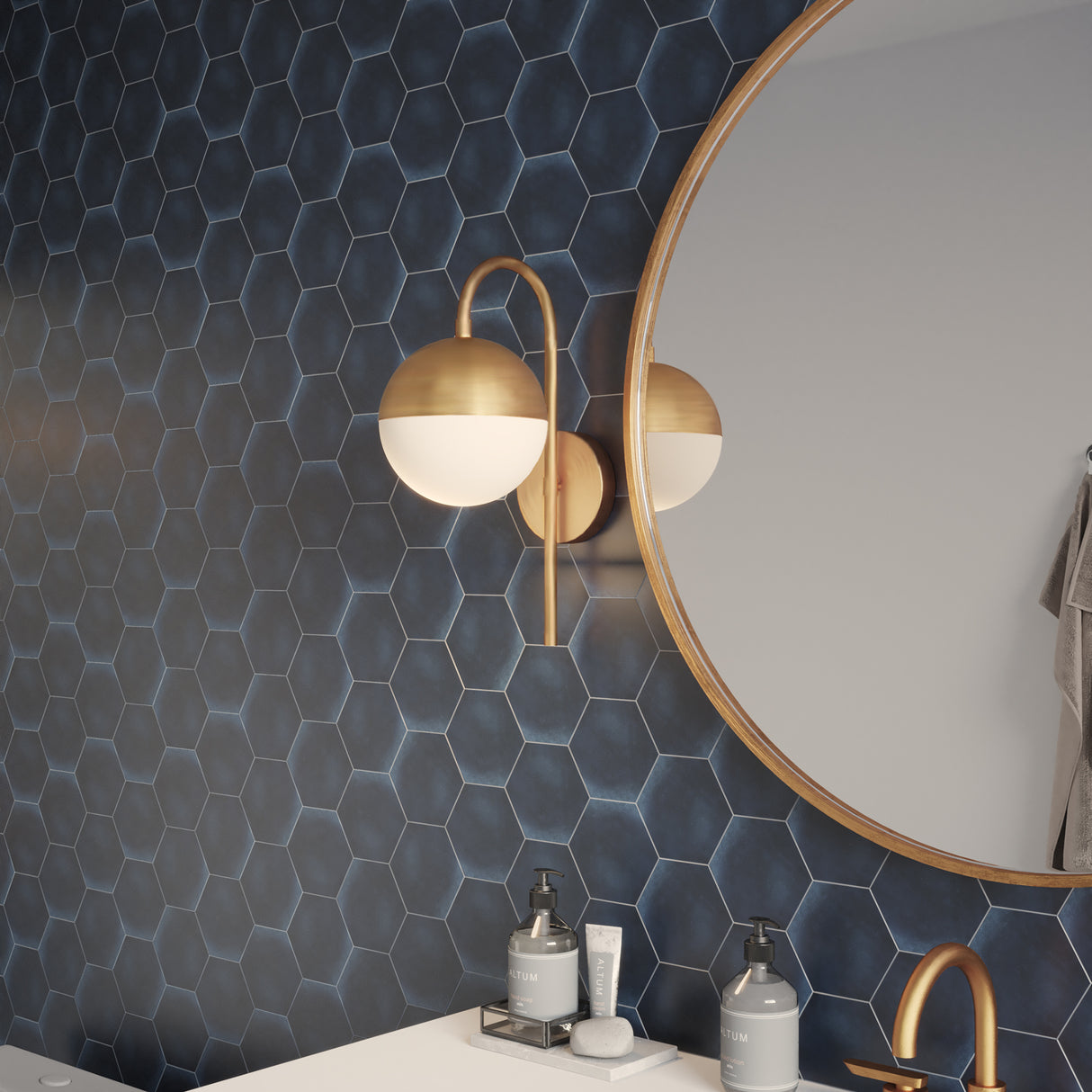 Powell Wall Sconce with Hooded White Globe, Aged Brass