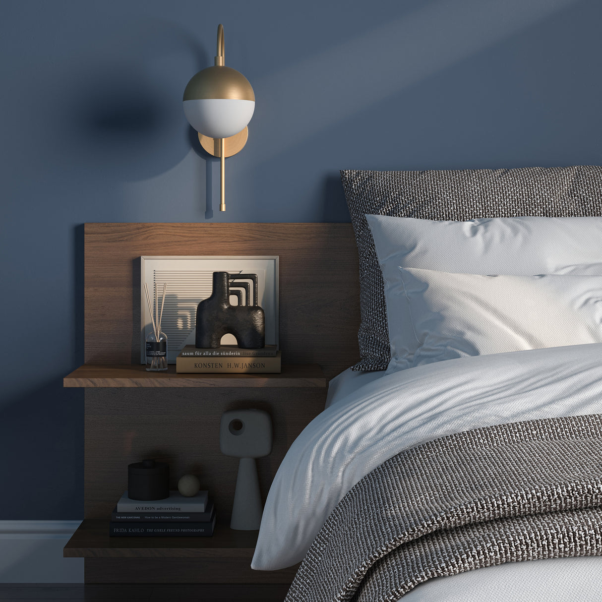 Powell Wall Sconce with Hooded White Globe, Aged Brass