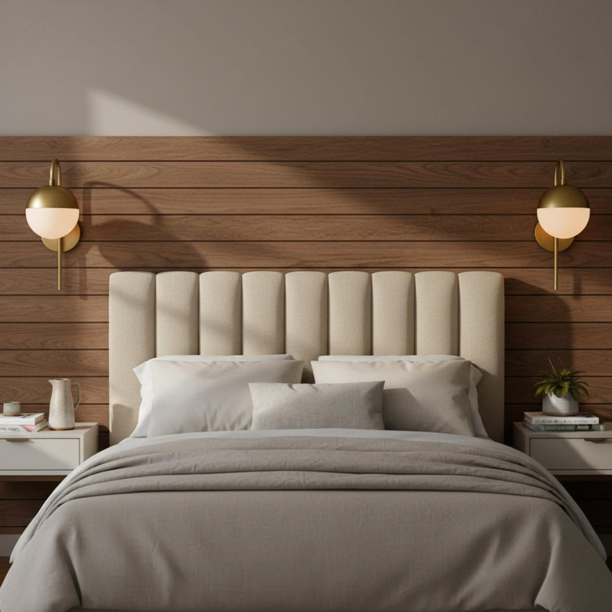 Powell Wall Sconce with Hooded White Globe, Aged Brass for Modern home with Wood Siding