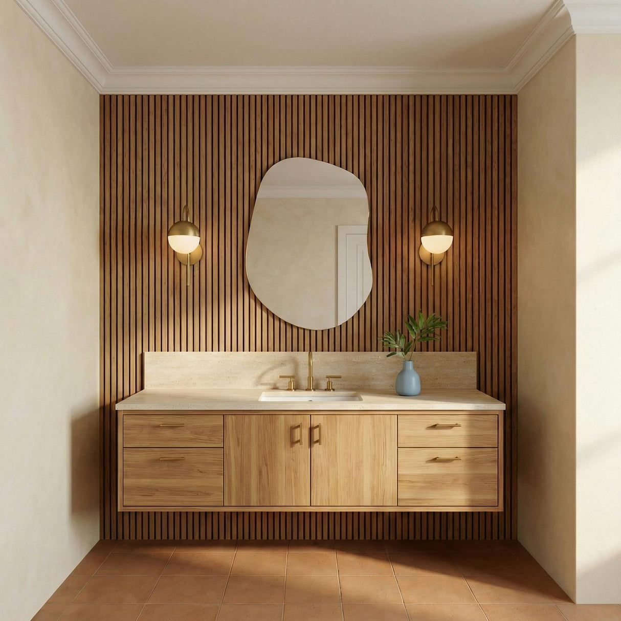 Powell Wall Sconce with Hooded White Globe, Aged Brass globe Wall Sconce in a Contemporary Bathroom with a wood slat wall and organic mirror.