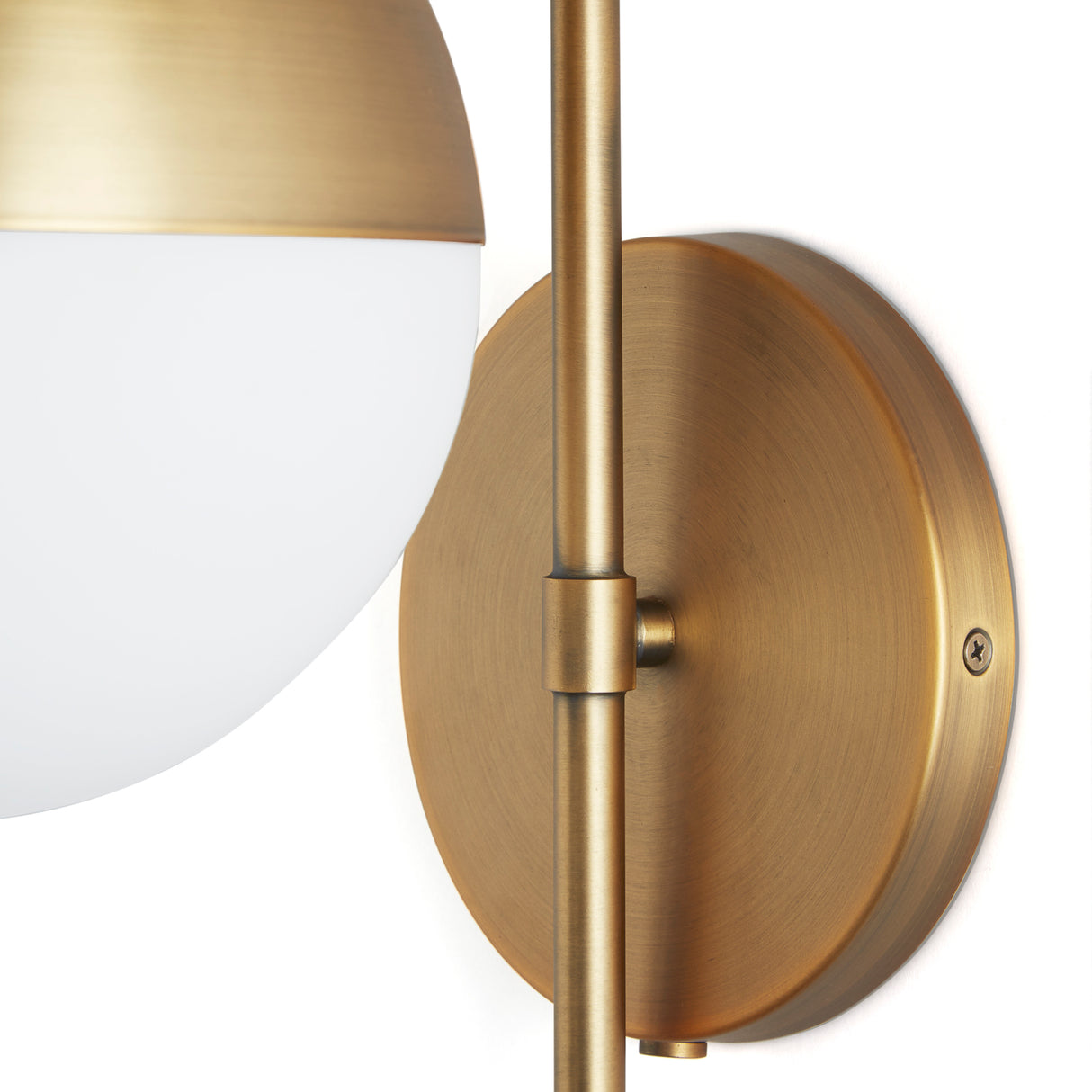 Powell Wall Sconce with Hooded White Globe, Aged Brass