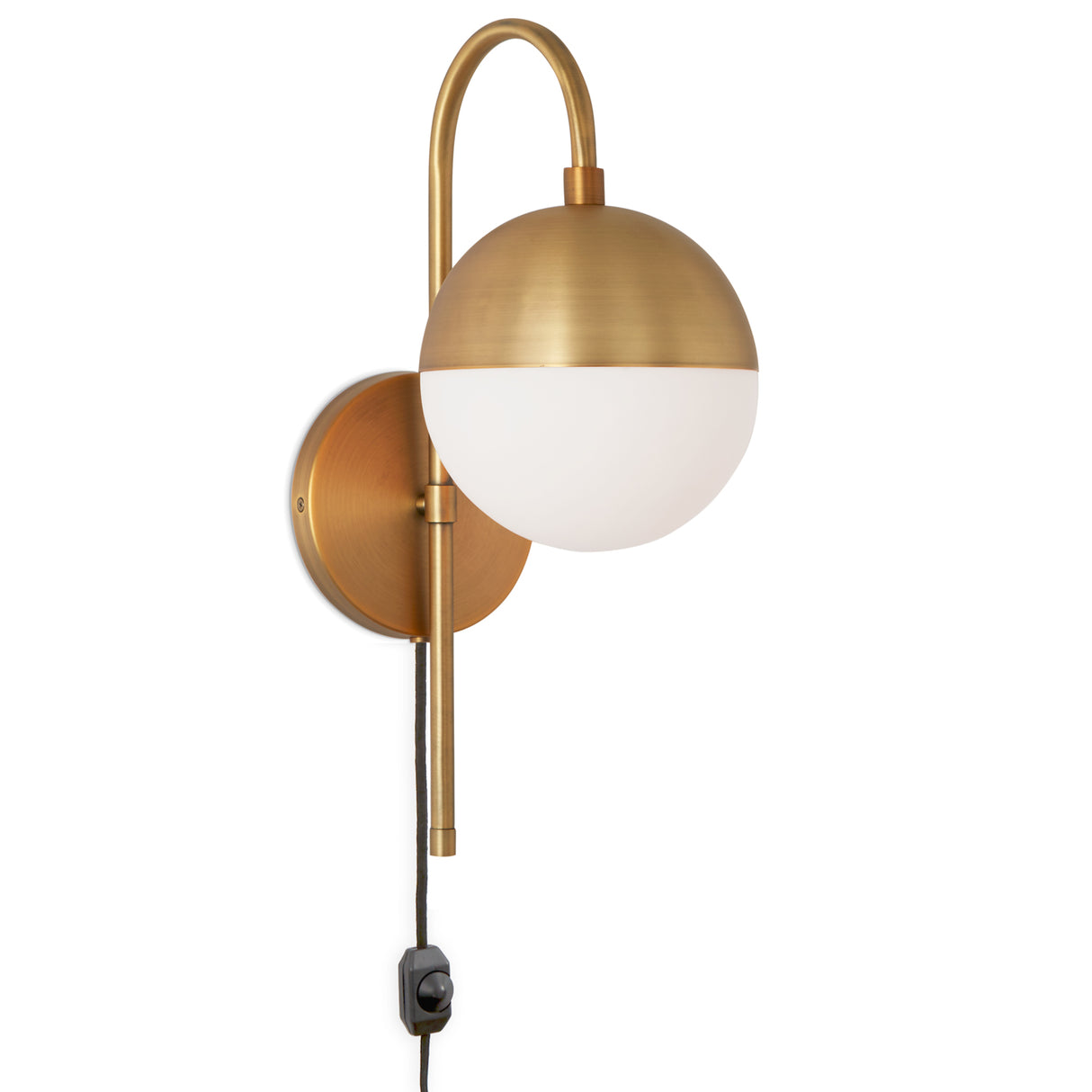 Powell Wall Sconce with Hooded White Globe, Aged Brass