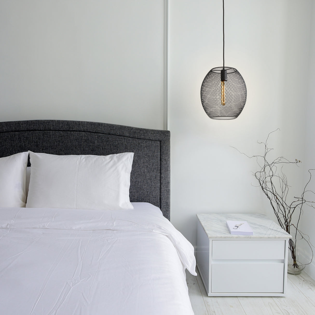 Bergen Oval Mesh Cage Pendant Light, Contemporary, Industrial Design, Use with Vintage Edison Bulbs, Matte Black Finish, Adjustable Height, hung as a bedside light