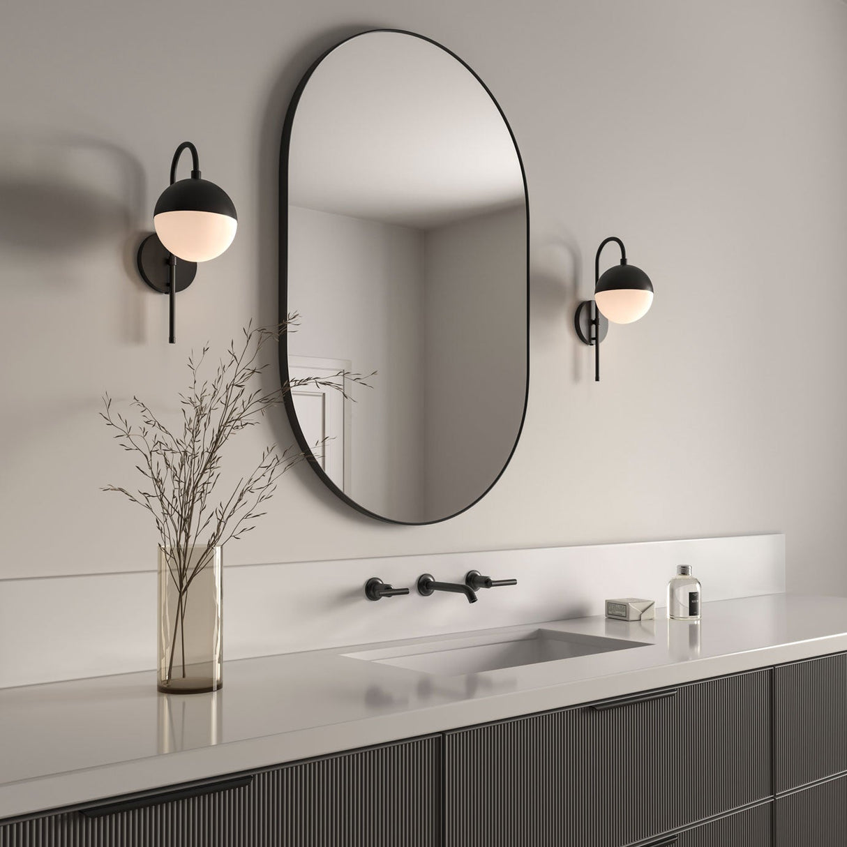 Powell Wall Sconce with Hooded White Globe, Matte Black