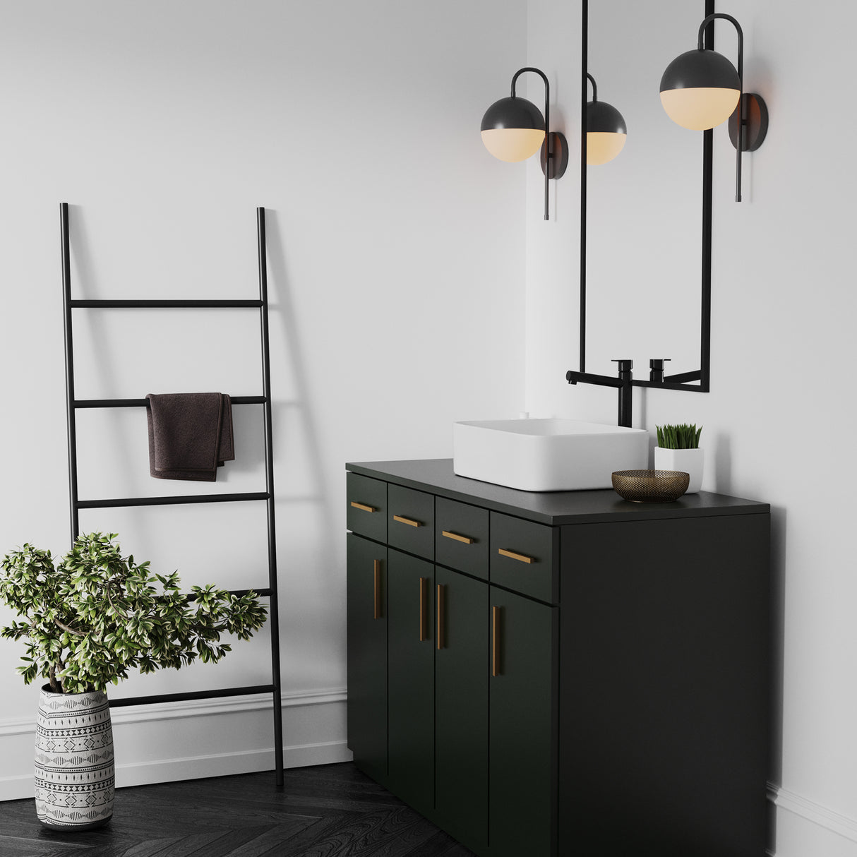 Powell Wall Sconce with Hooded White Globe, Matte Black