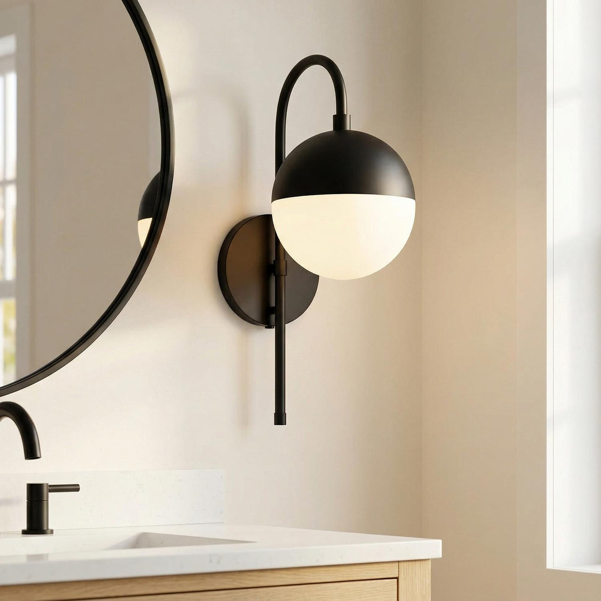 Powell Wall Sconce with Hooded White Globe, Matte Black