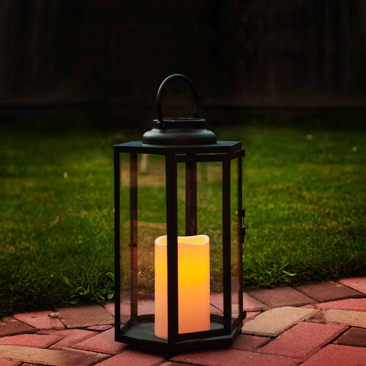 Open Box Rigel Hexagonal Metal Lantern with Solar LED Candle, Medium