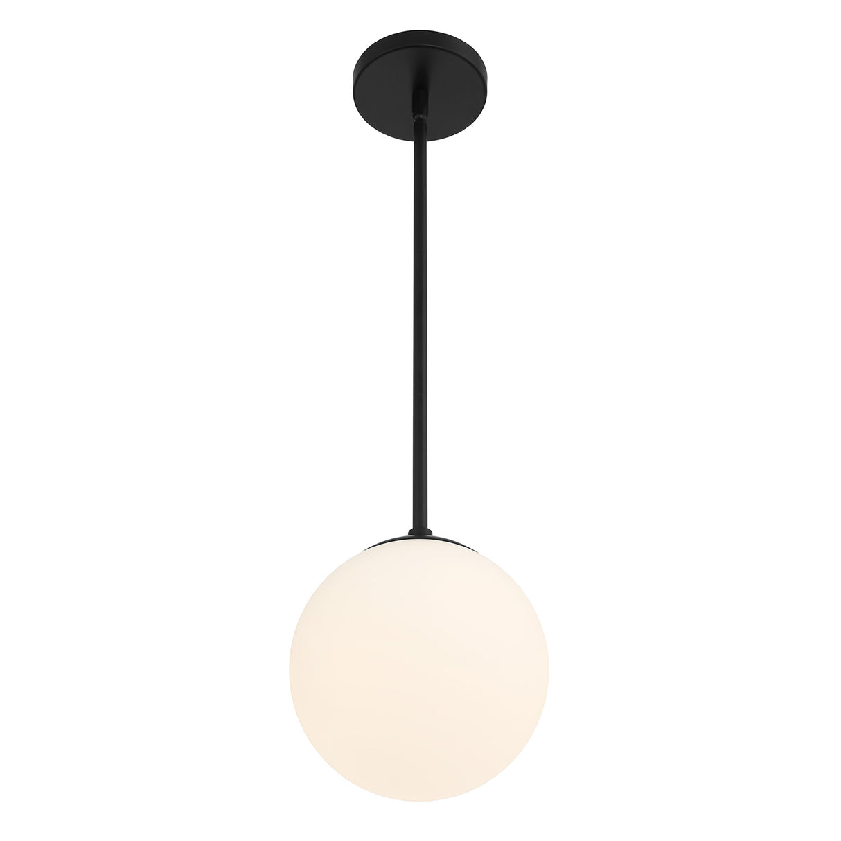 From below, Castell LED 8" Globe Pendant Light, Opal White Glass, Mid-Century Modern, Matte Black Metal Finish, with light on