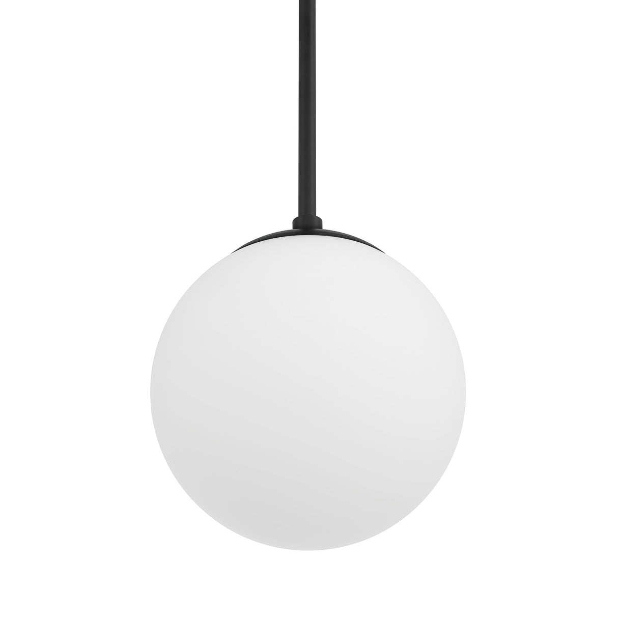 Close-up of closed globe, Castell LED 8" Globe Pendant Light, Opal White Glass, Mid-Century Modern, Matte Black Metal Finish, with light off