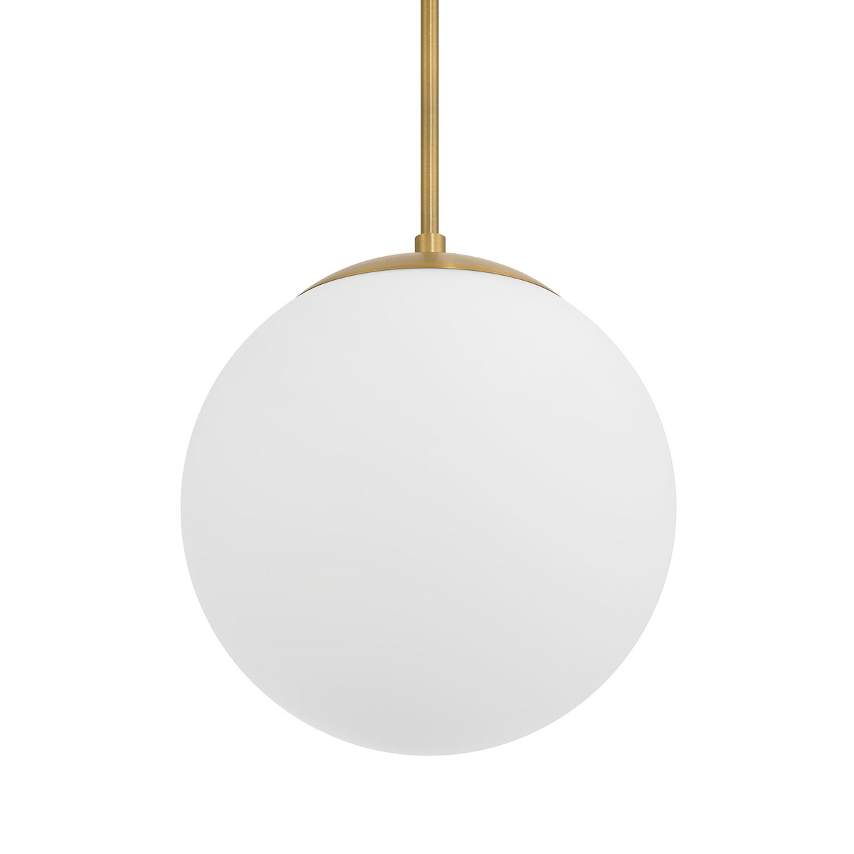 Close-up of closed glass globe, Castell LED 12" Globe Pendant Light, Opal White Glass, Mid-Century Modern, Aged Brass Metal Finish, with light off