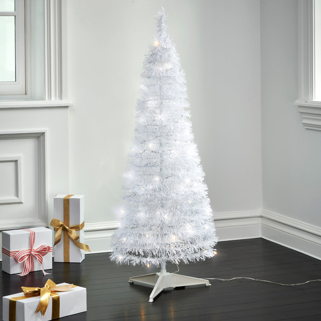Carroll 4 Foot Pre-Lit White Tinsel Pop-Up Tree