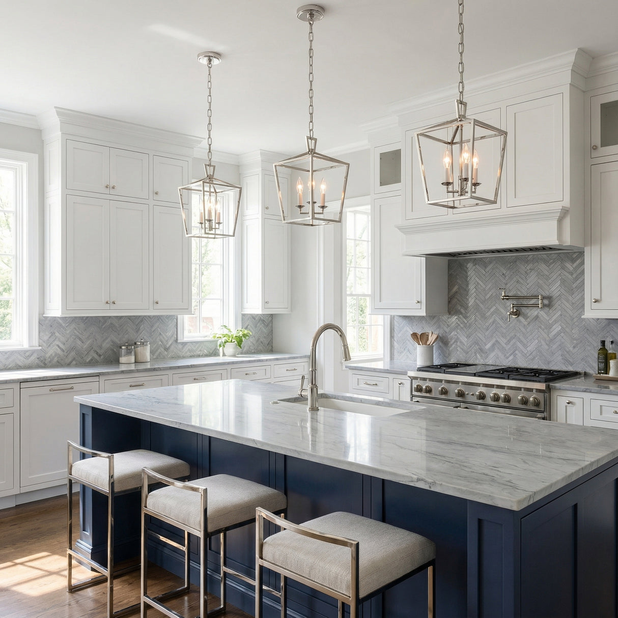 Anover Small Lantern Pendant 9.5", Polished Nickel geometric pendant in a Transitional Kitchen with a blue paneled island.