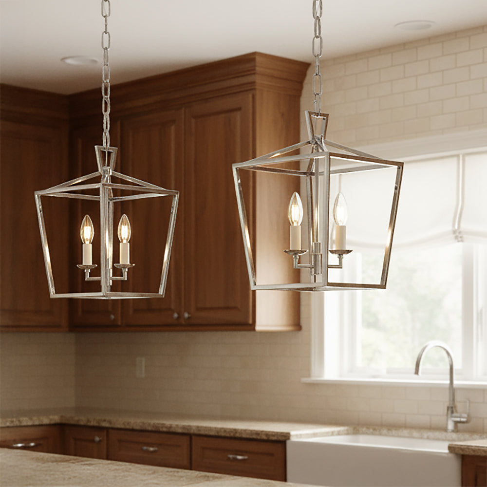 Anover Small Lantern Pendant 9.5, Polished Nickel - Two polished nickel pendants hanging in a kitchen