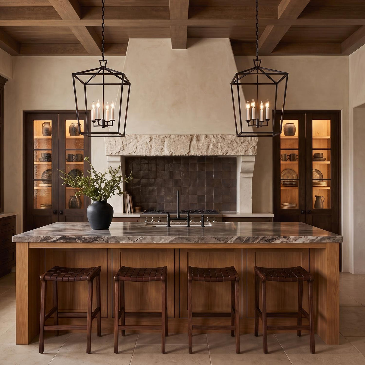 A Mediterranean kitchen with two matte black Anover Large Lantern Pendants hanging over a wood island with a grey marble countertop under a beamed wood ceiling.