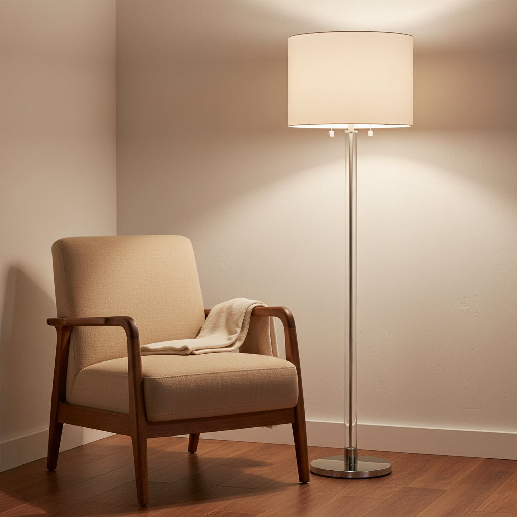 Laurel Glass Cylinder Floor Lamp, Polished Nickel - A neutral-toned armchair with a throw blanket sits next to a sleek floor lamp in a softly lit corner.