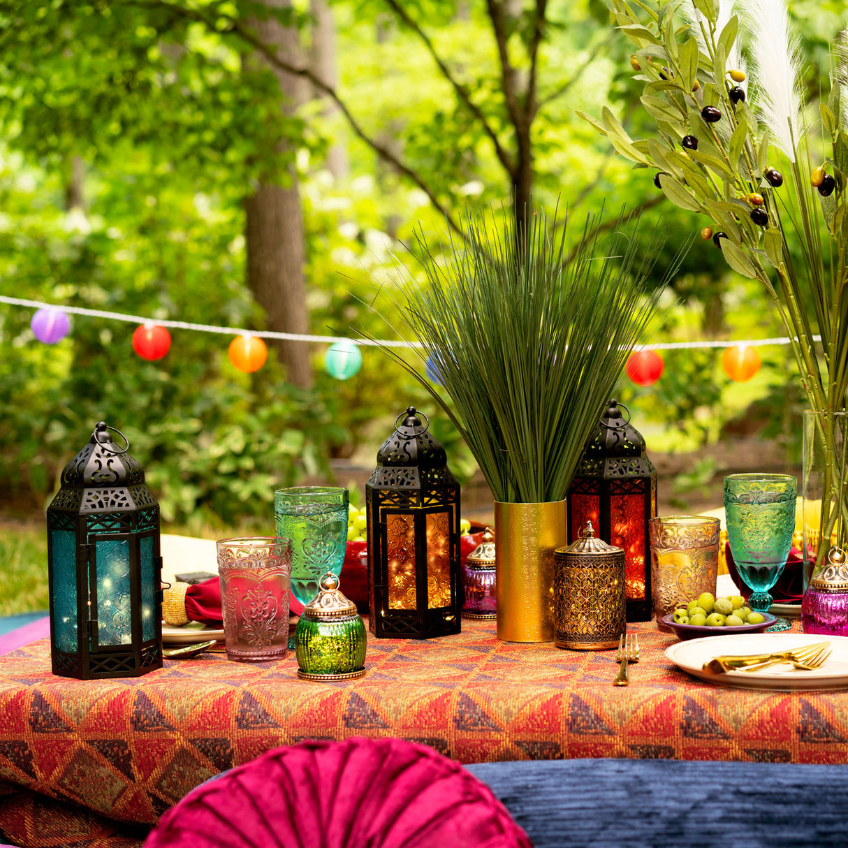 Marrakesh Lantern with String Lights, Red