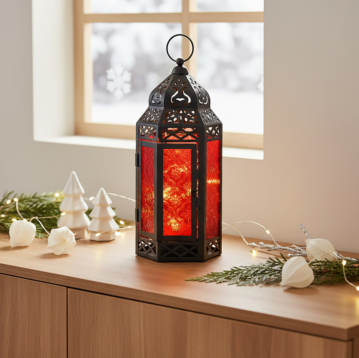 Red Glass Moroccan Christmas Lantern with twinkle lights for modern red and black holiday decor
