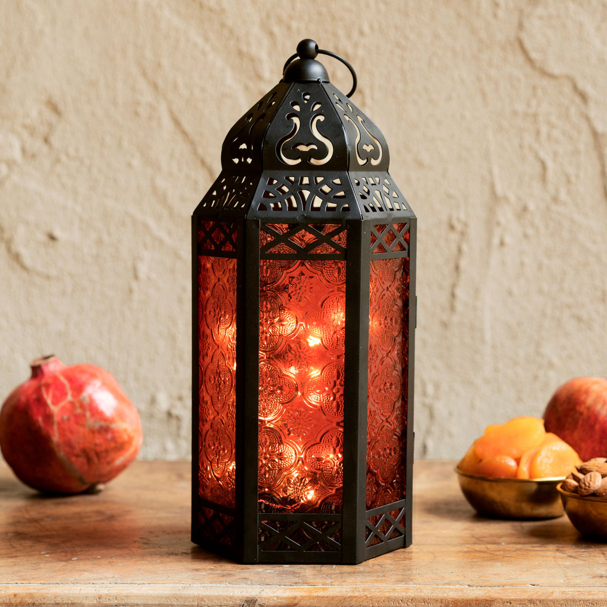 Marrakesh Lantern with String Lights, Red