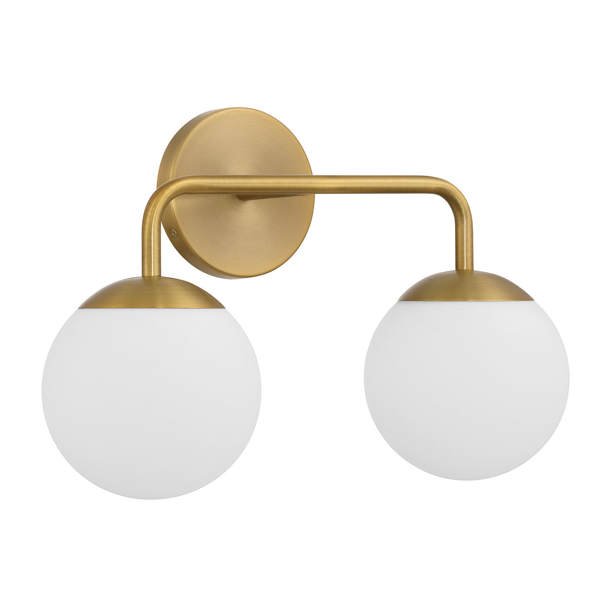 Castell 2 Globe LED Vanity Light, Aged Brass, 16" Double Sconce, three-quarter view lights off