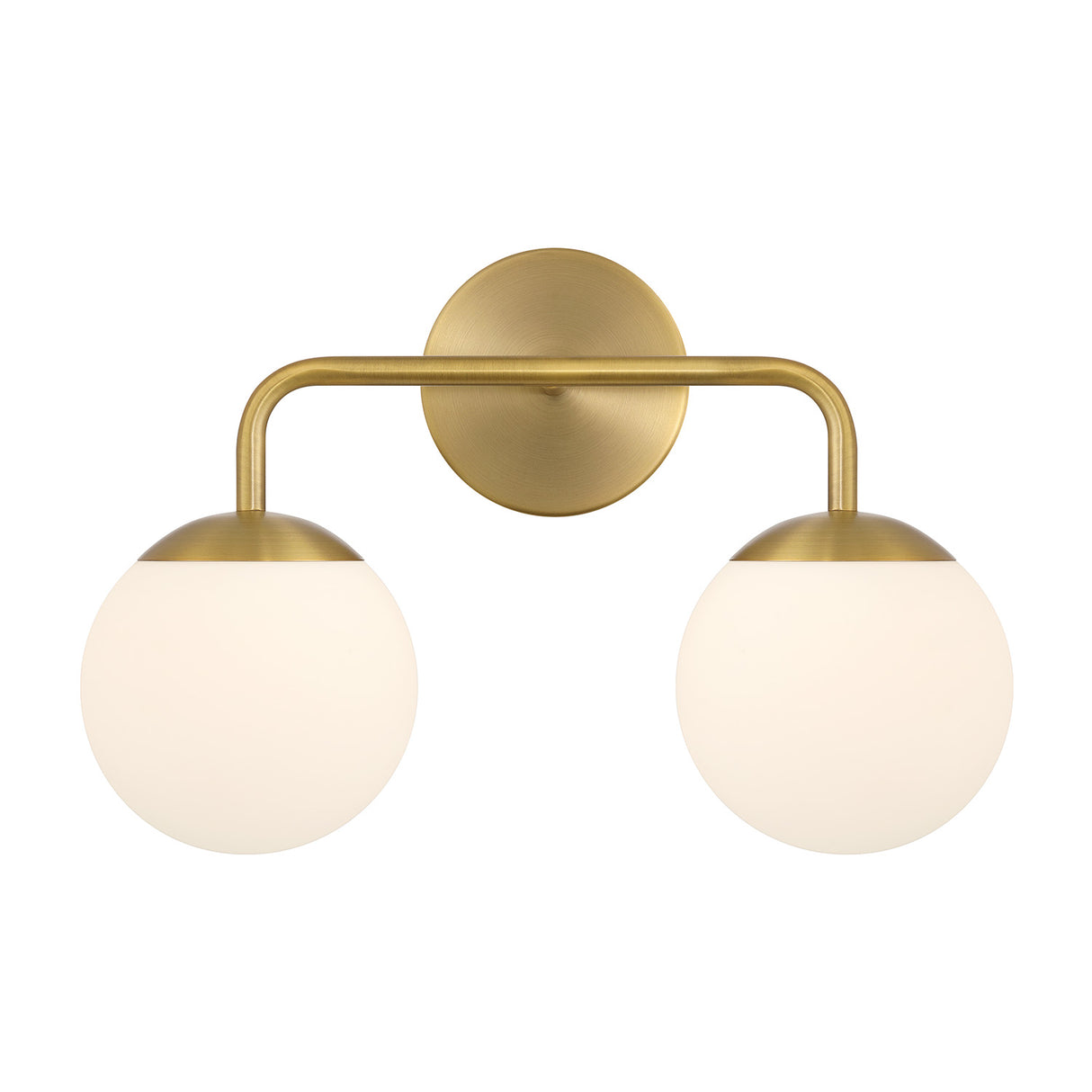 Castell 2 Globe LED Vanity Light, Aged Brass, 16" Double Sconce, front view lights on