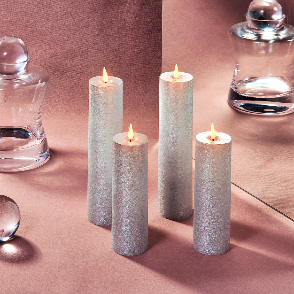 Infinity Wick Silver Distressed Slim Pillar Candles, Set of 4