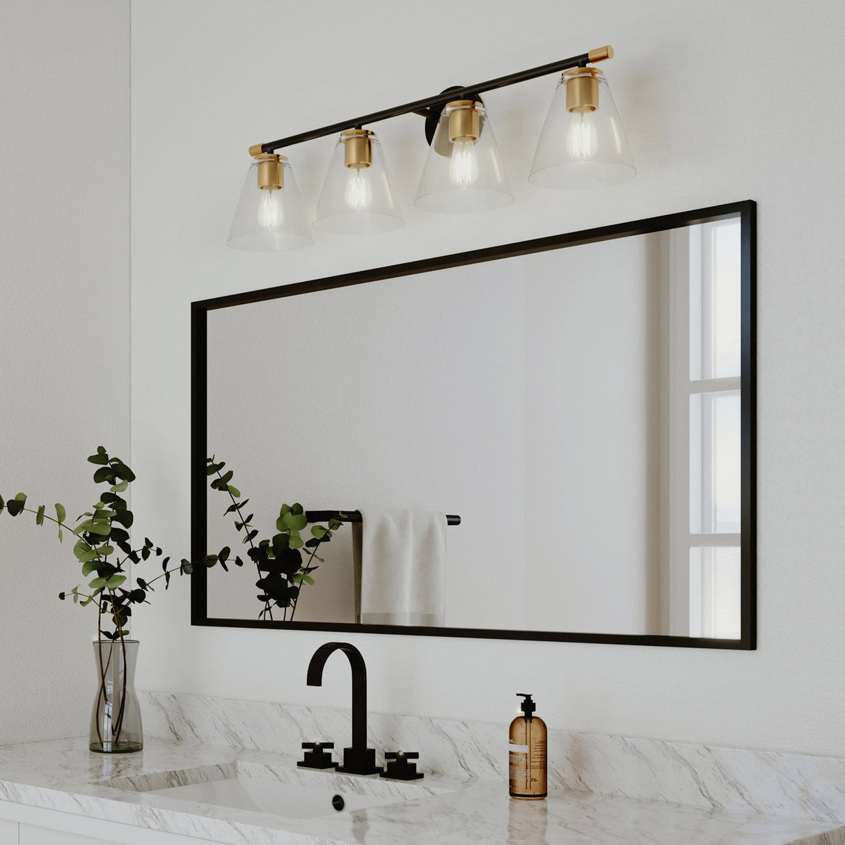 Carlisle 4 Light Vanity, Matte Black and Brushed Brass