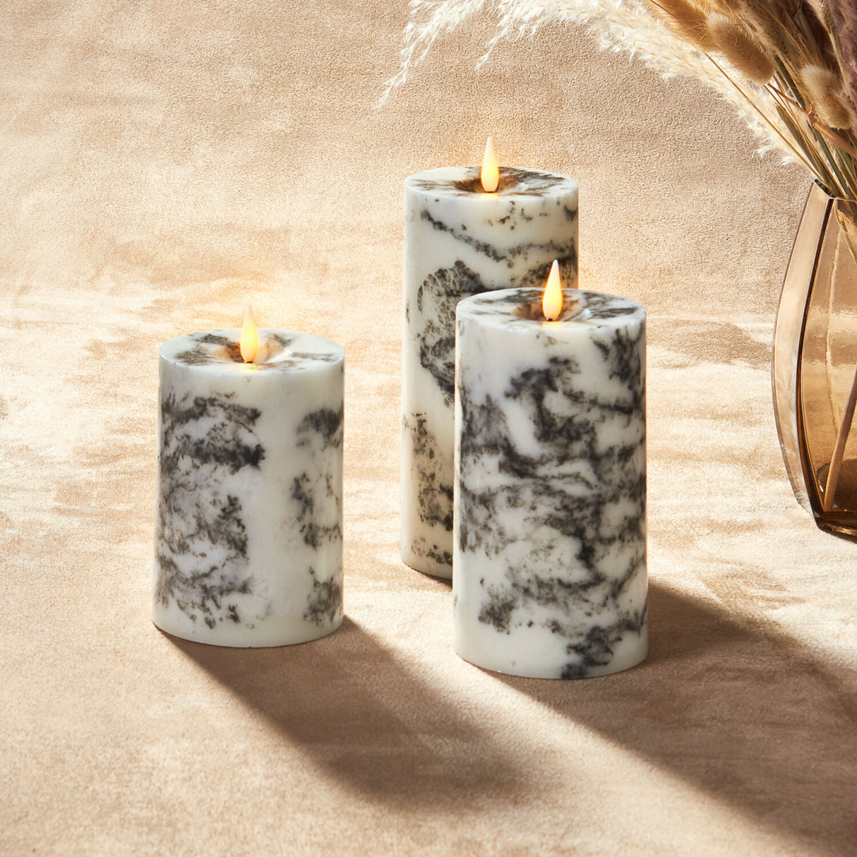 Infinity Wick Marble Pillar Candles, 3" Multipack, Set of 3