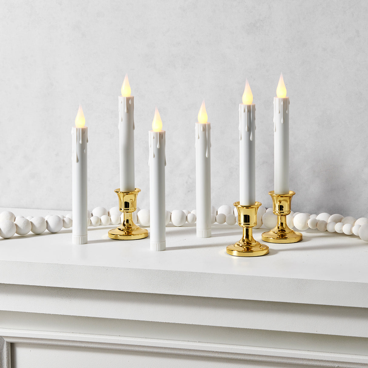 Ivy White Flameless Resin Window Candles with Removable Gold Bases, Set of 6