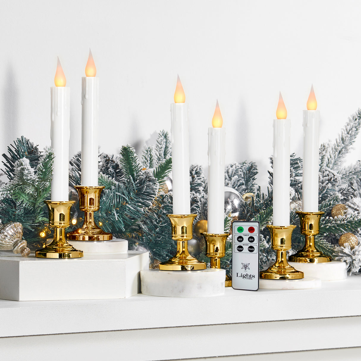 Ivy White Flameless Resin Window Candles with Removable Gold Bases, Set of 6