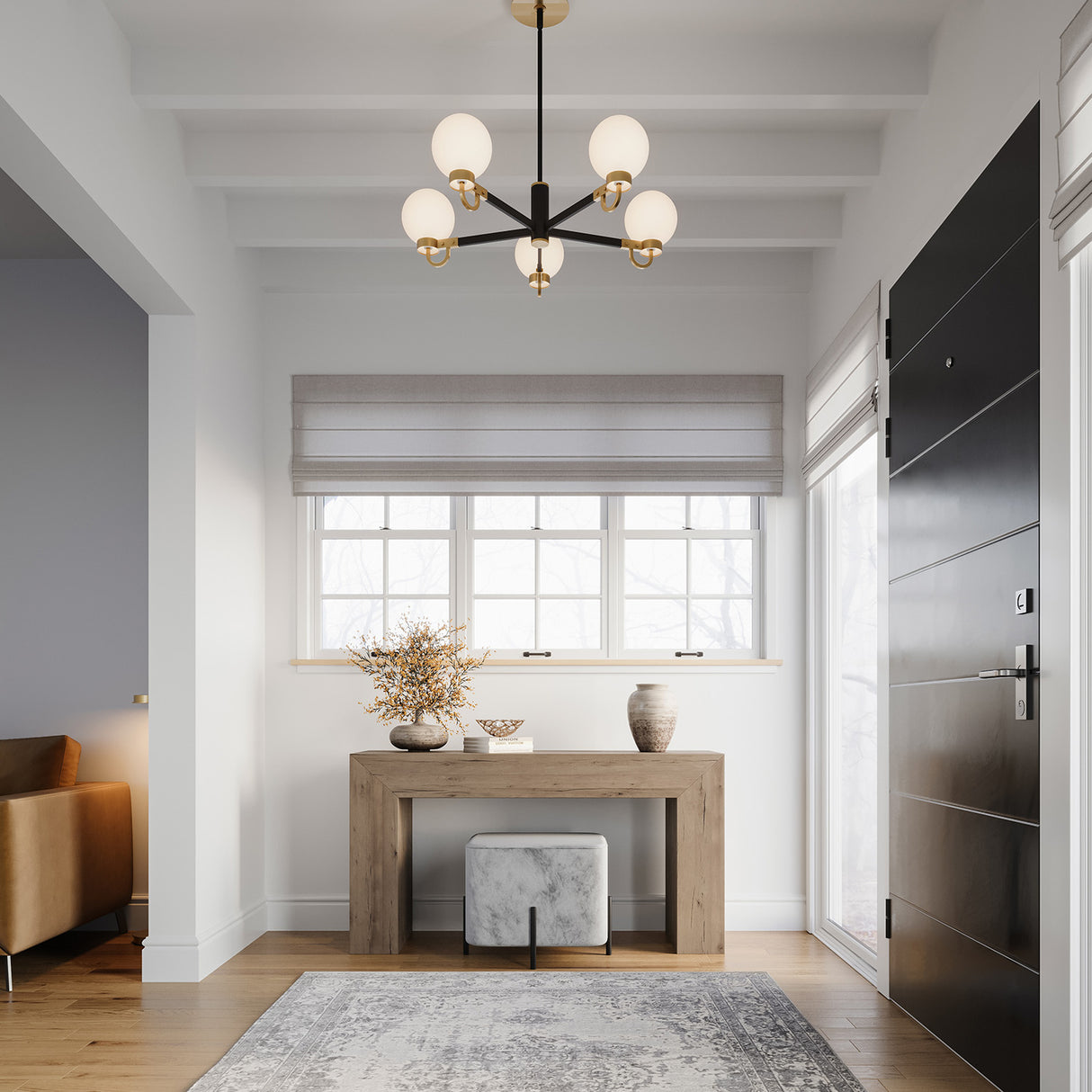 Open Box Ryan 5 Light Chandelier, Matte Black and Aged Brass