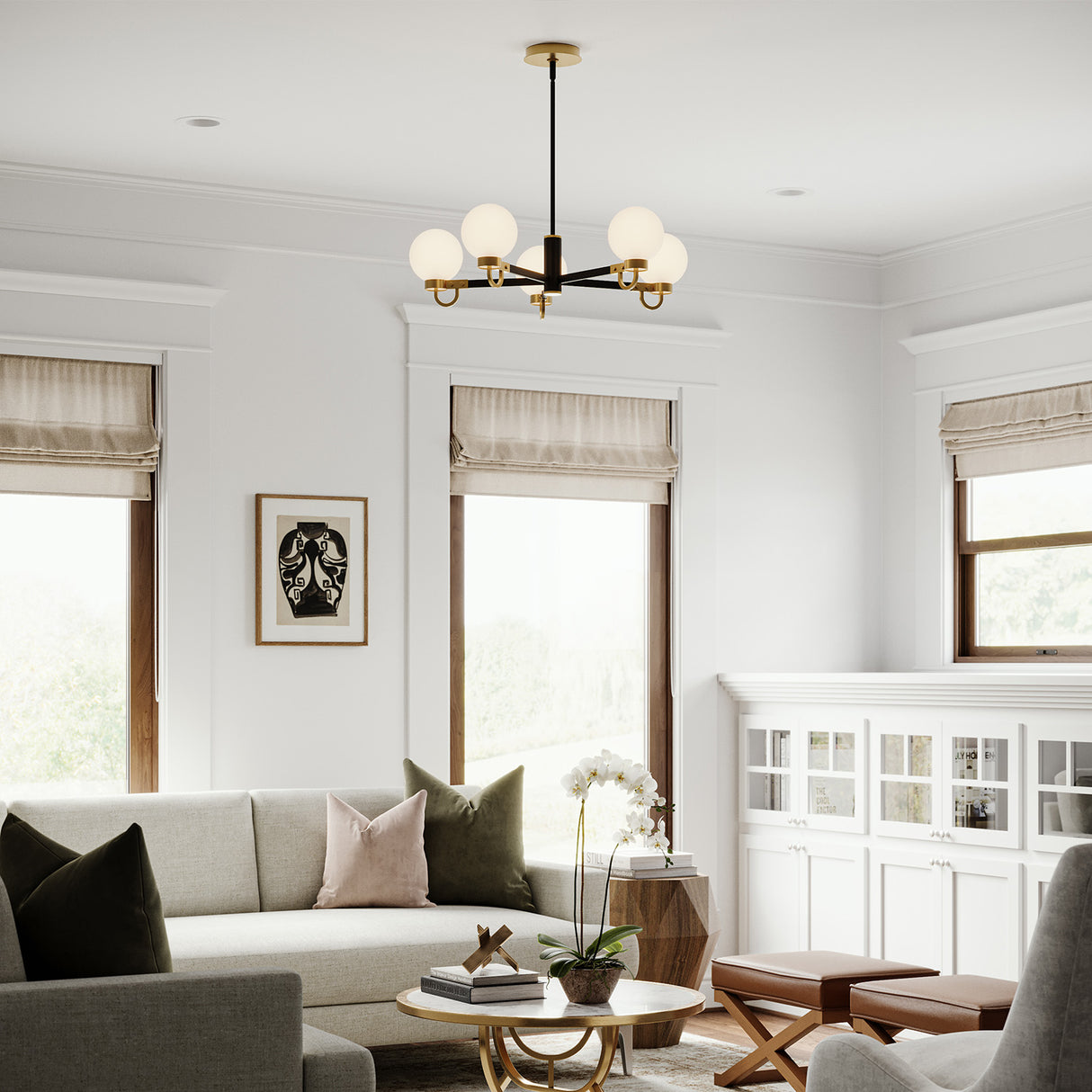 Open Box Ryan 5 Light Chandelier, Matte Black and Aged Brass