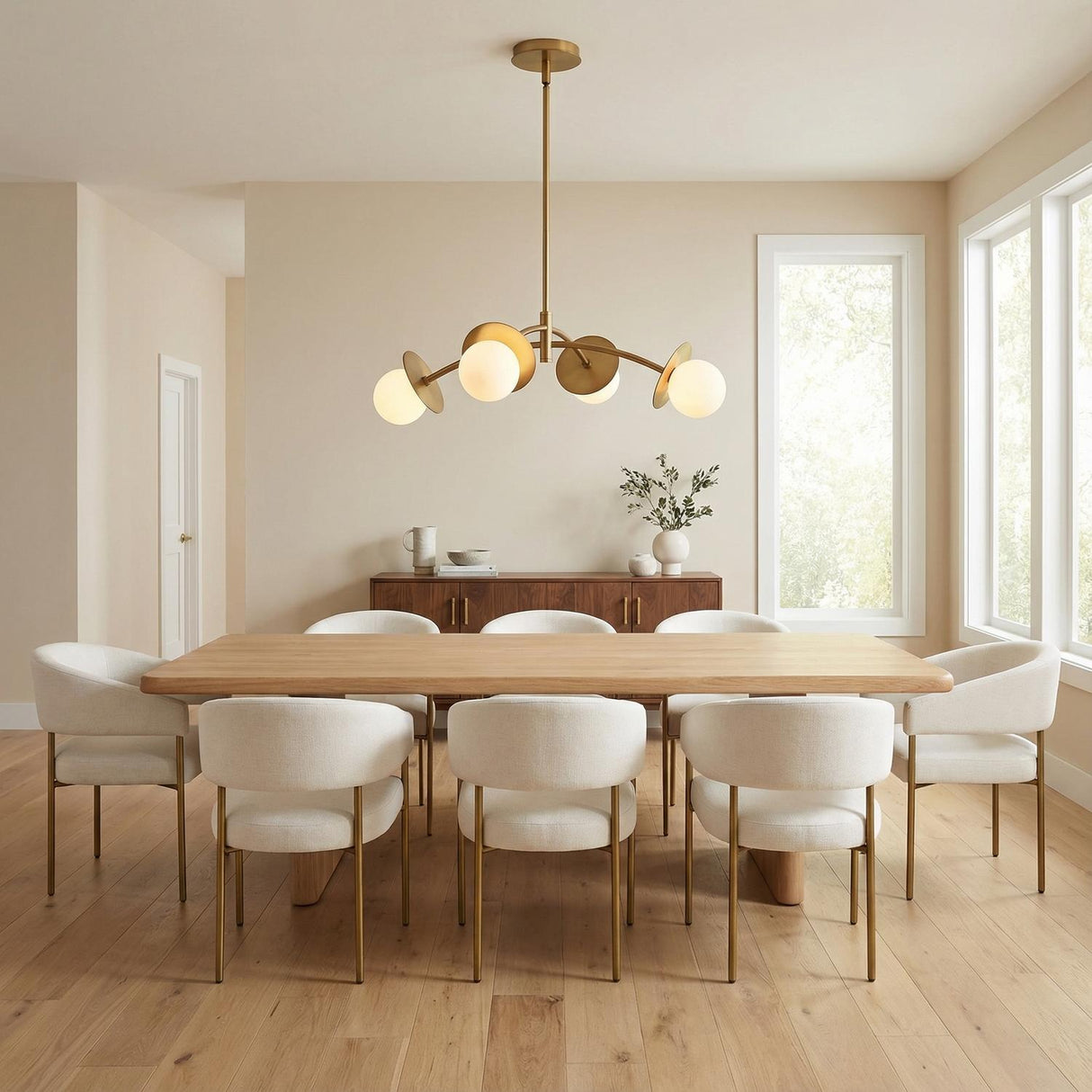 Aged Brass globe linear chandelier in a Transitional Dining Room with a light wood dining table and cream chairs.