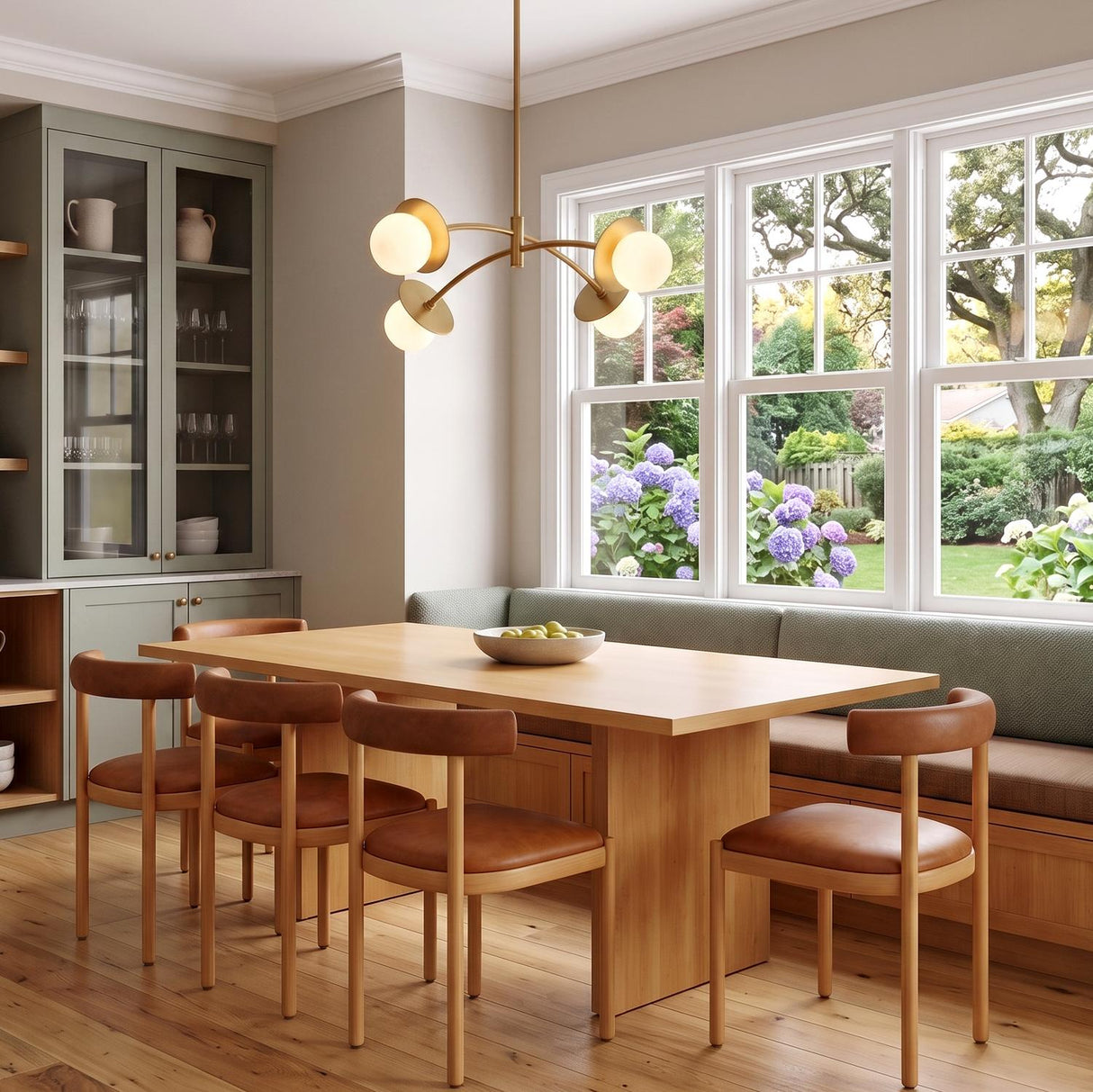 A modern dining room with the Levi 4 Globe Chandelier 26", Aged Brass centered over a light wood table beside sage green built-in cabinetry and banquet seating.