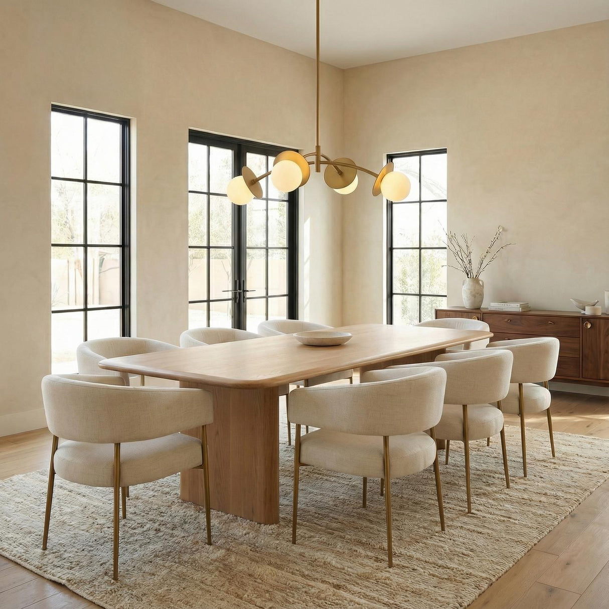Mara 4 Globe Chandelier 48", Aged Brass globe Chandelier in a Contemporary Dining Room with an oak table and cream chairs.