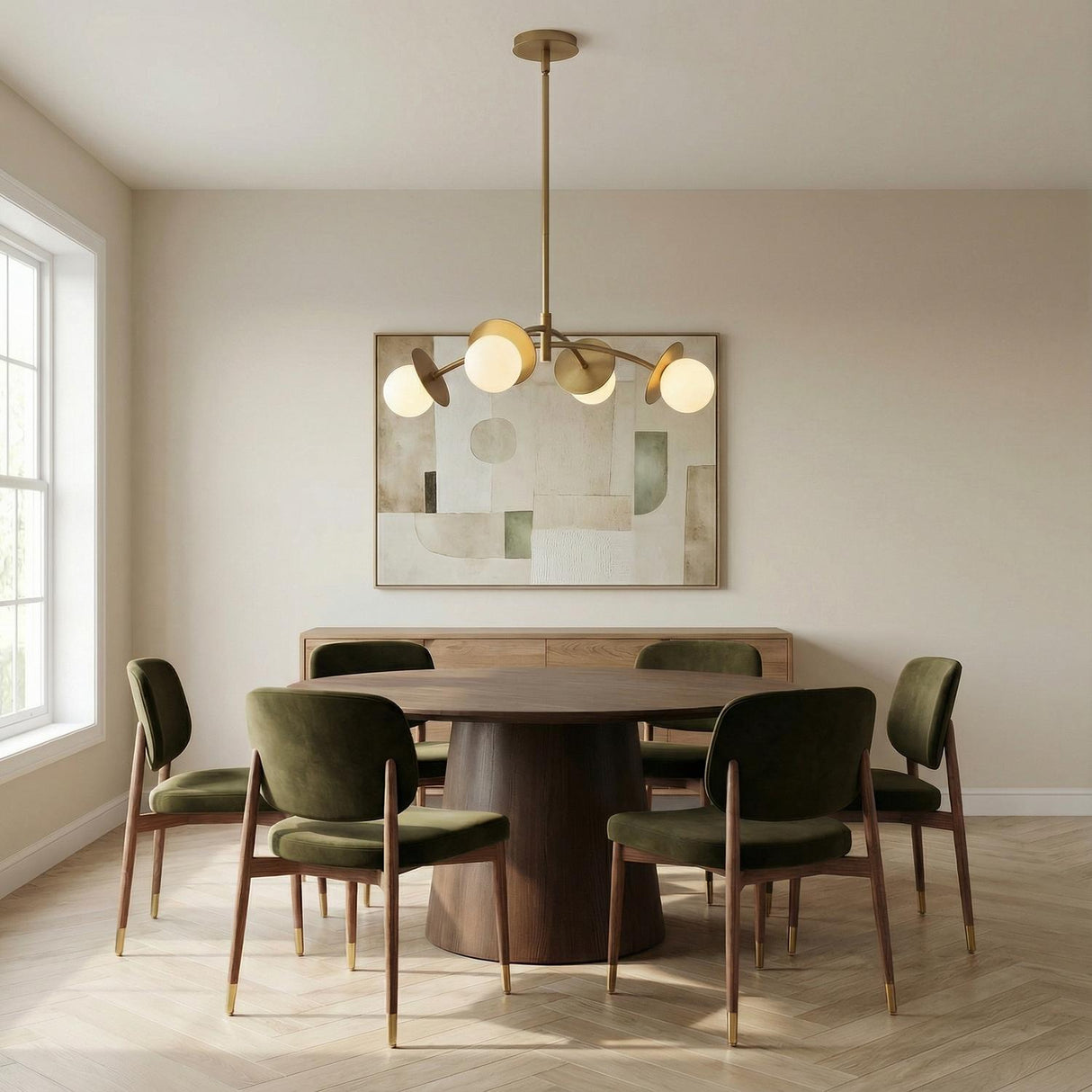 Levi 4 Globe Chandelier 26", Aged Brass globe chandelier in a Mid-Century Dining Room with a round walnut table and green velvet chairs.