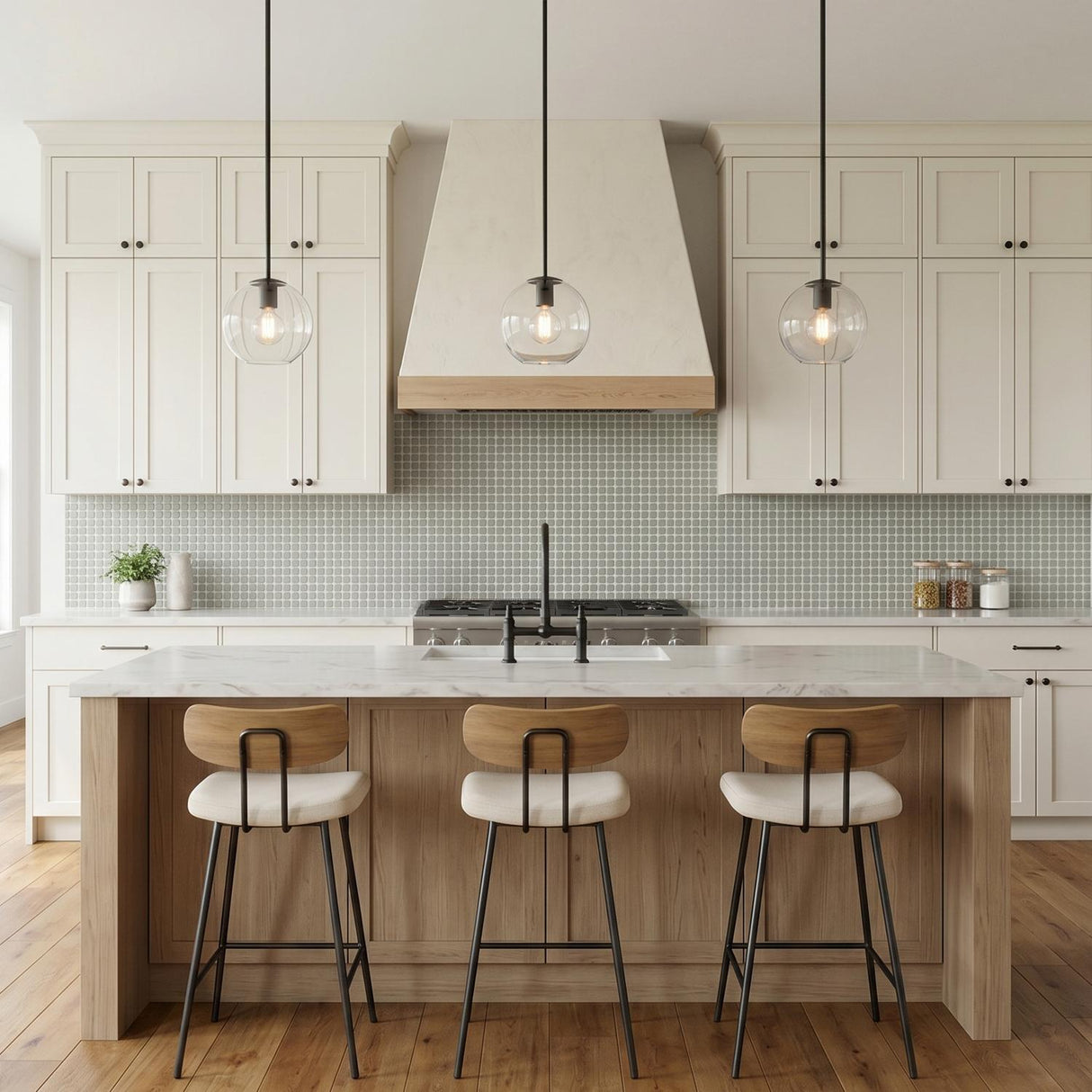 A modern farmhouse kitchen with three Aria 8" Clear Globe Pendants, Matte Black over a light wood island with white marble and sage green square tiles.